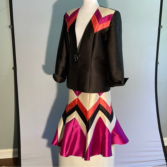 Serafina Sz 14 2 Piece Satin Suit Striking Colorful Zigzag Pattern Flared Skirt - Picture 11 of 16